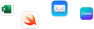 رموز تطبيقات متنوعة في ترتيب مبعثر، بما في ذلك Microsoft Excel وSwift Playgrounds وMail وCanvas Student