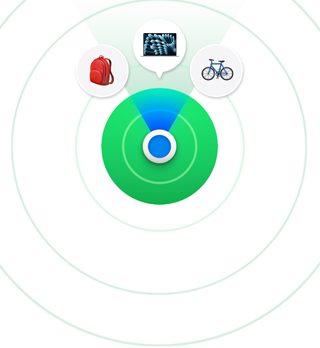 رمز تطبيق Find My وبعض العناصر التي يمكنه تحديد موقعها، بما في ذلك كمبيوتر Mac المحمول، حقيبة ظهر، ودراجة