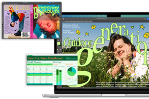 مجموعة متنوعة من الشاشات تعرض تطبيقي InDesign وNumbers، توضح أداء جهاز MacBook Air مقاس 13 بوصة مع شريحة M4