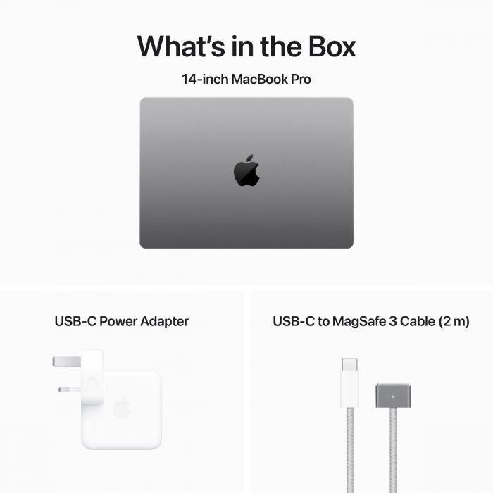 14 MacBook Pro: M3 chip, 8GB RAM, 512GB SSD with 8‑core CPU and 10‑core GPU, English Keyboard, Space Grey